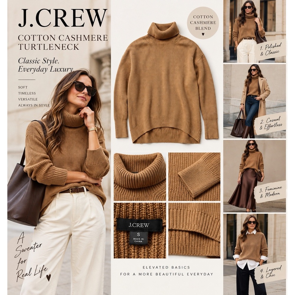 J.Crew Womens S Cotton Cashmere Turtleneck Sweater Camel Brown High Low Hem